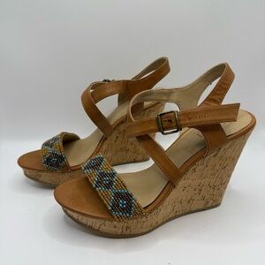 A.N.A A New Approach Beaded Wedge Sandals Heels Brown Blue Cork Boho Resort 7M